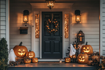 Obraz premium A charming Halloween porch decorated with smiling jack-o'-lanterns, cozy candle lanterns, friendly ghost figures, and a whimsical wreath on the door, all bathed in soft, warm lighting
