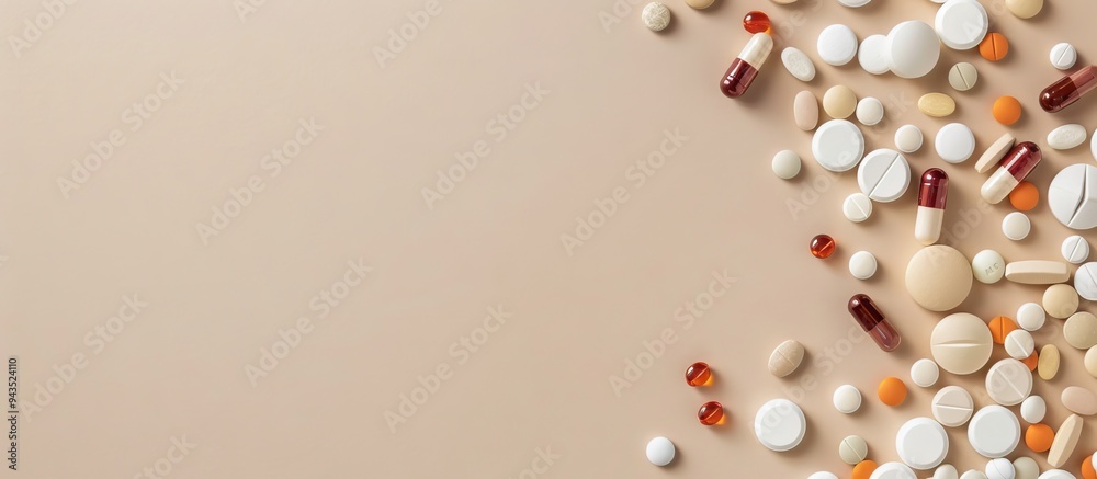 Aufkleber Flat lay composition with various pills and organizer on a beige background featuring copy space for text