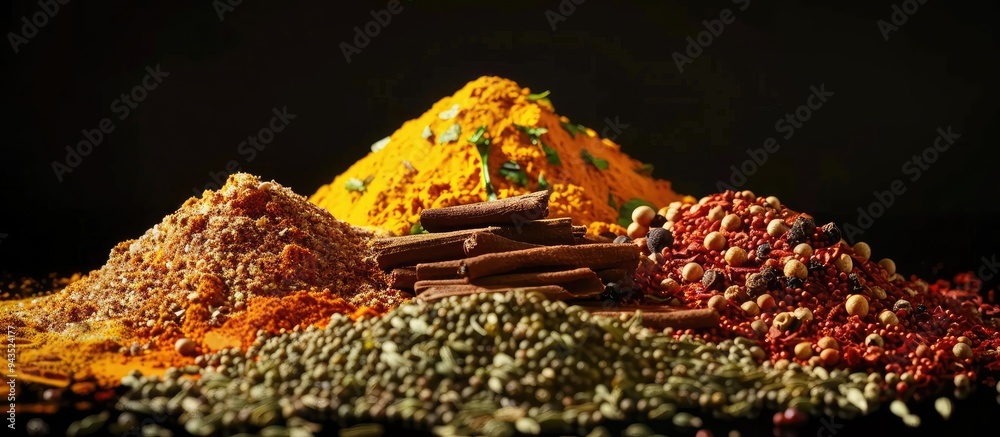 Poster whole spice mix from india showcased on a black backdrop with ample space for text or other elements