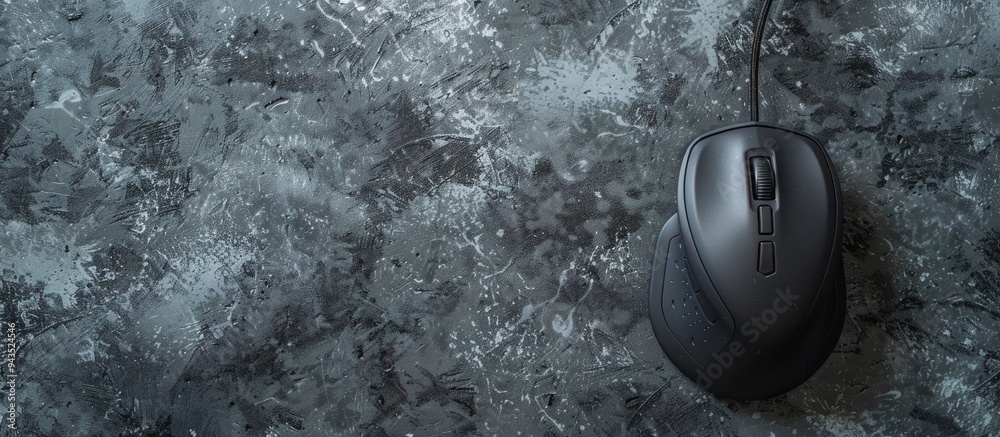 Poster top down view of a wired mouse on a grey textured table with available space for text overlay in the