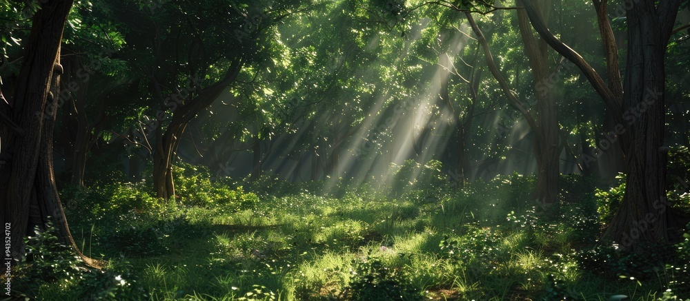 Poster tranquil woodland scene with sunlight filtering through dense green forest creates a peaceful ambian