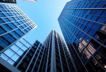 Looking Up modern high-rise office buildings with blue sky in the background, ai