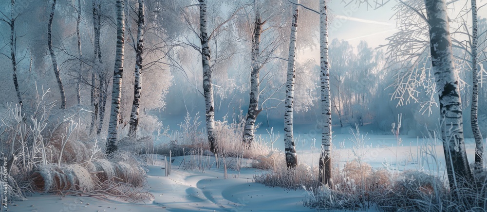 Fototapete explore the enchanting beauty of frost on the trees with this captivating image of a birch tree ador