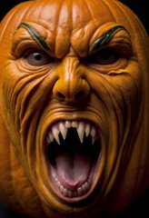 Halloween pumpkin with a realistic face of a man sarcastically mockingly screaming in rage with evil eyes showing a tongue with teeth. Close-up