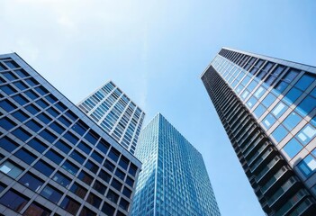 Obraz premium Looking Up modern high-rise office buildings with blue sky in the background, ai