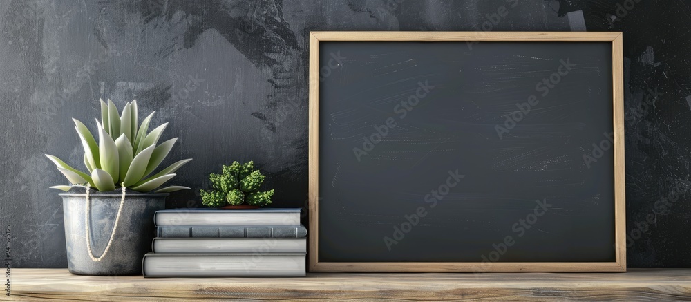 Poster picture frame containing a succulent plant and books leaving space for text in the image. creative b