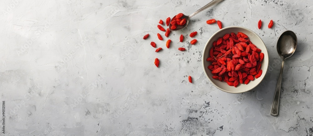 Leinwandbilder Top view of a light grey table with a bowl of dried goji berries accompanied by a scoop suitable for adding text with copy space image