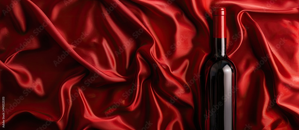 Leinwandbilder top view of a red wine bottle against a satin background with copy space image