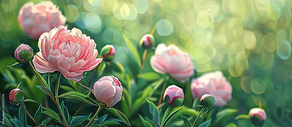 Fototapete a blooming garden with pink peonies and buds in a close up copy space image against a vibrant green 