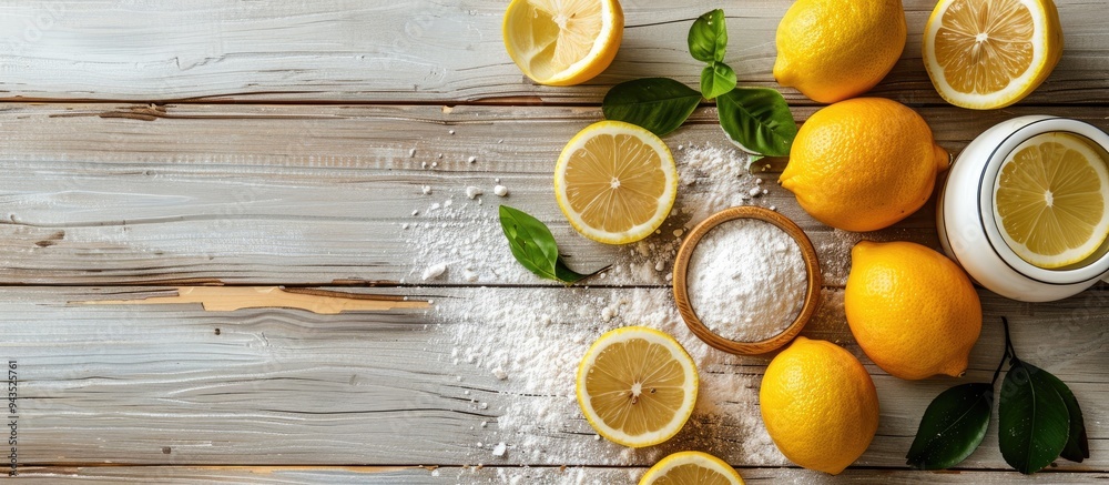Aufkleber White wooden table with baking soda vinegar and lemons displayed with a designated space for adding text in the image. Creative banner. Copyspace image