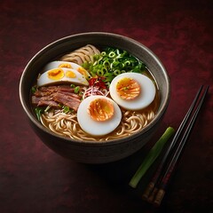 Delicious Japanese Ramen with chicken, Mushrooms, Eggs, noodles, meat in bowl