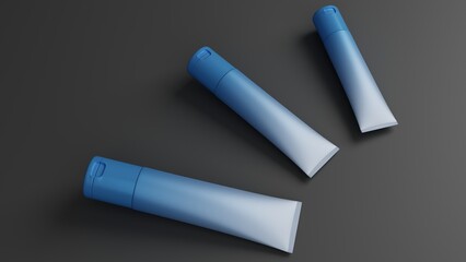 Blank blue cosmetic tube mockup on black background. 3d rendering