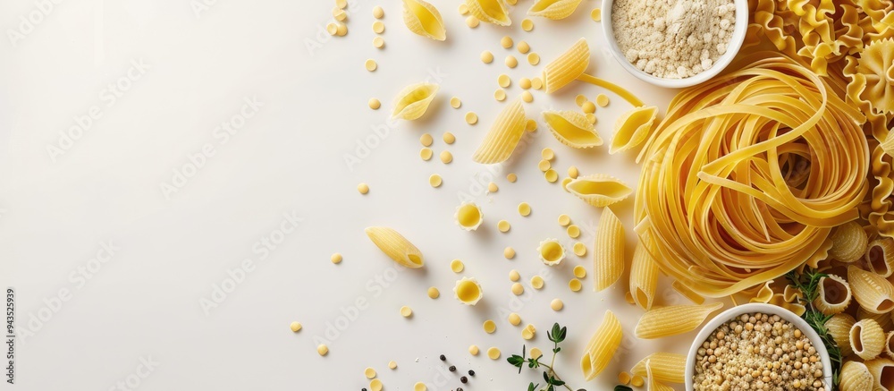 Aufkleber Light background enhances the composition with various uncooked pastas and thyme offering copy space image
