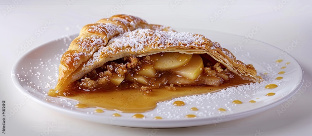 Poster a white plate holds an apple pie danish featuring apple filling powdered sugar crumble and set again