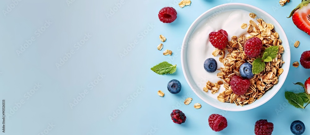Fototapete a delicious granola breakfast featuring yogurt berries on a light blue table a banner design with op