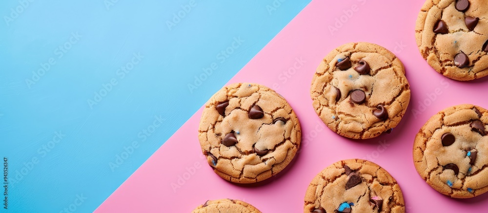 Poster Top view of cookies on a blue and pink background with copy space image