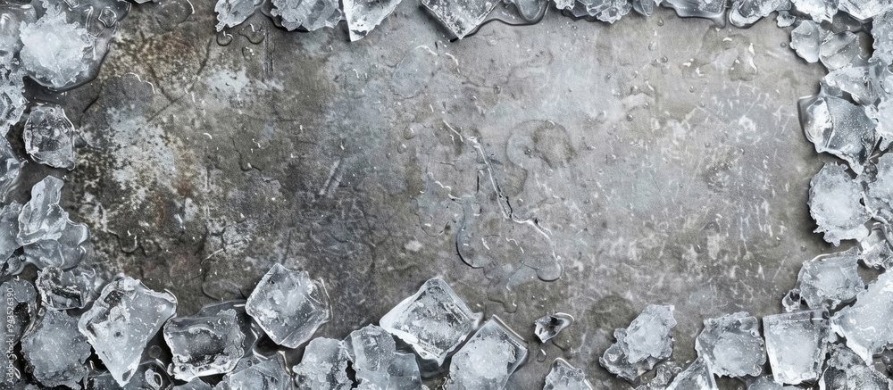 Fototapete top view of a crushed ice frame on a grey background with ample space for text