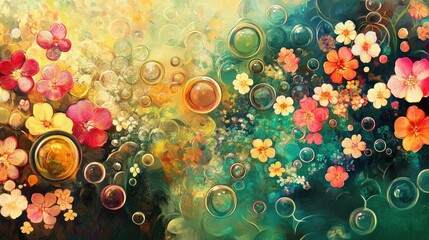 Abstract springtime scene with vibrant floral patterns and water bubbles floating amidst the blossoms.