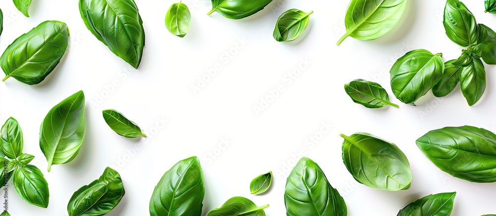 Poster white background framed by basil leaves with copy space image