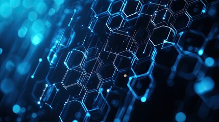 Obraz premium Abstract technology background featuring a complex network of hexagons and digital lines, with a vibrant blue color scheme