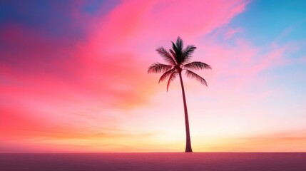 Obraz premium A lone palm tree silhouetted against a fiery sunset, with the beach stretching out towards the horizon.
