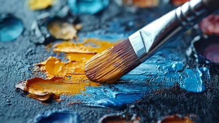 Fototapeta premium Closeup of Paintbrush on Palette with Yellow and Blue Acrylic Paints