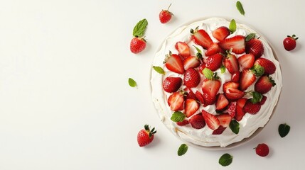 Aerial view of a delicious homemade Pavlova cake garnished with fresh strawberries and mascarpone, set against a bright white backdrop