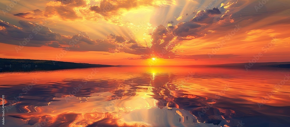Aufkleber sunset reflecting on a lake with an orange sky seen from above in a captivating view with copy space