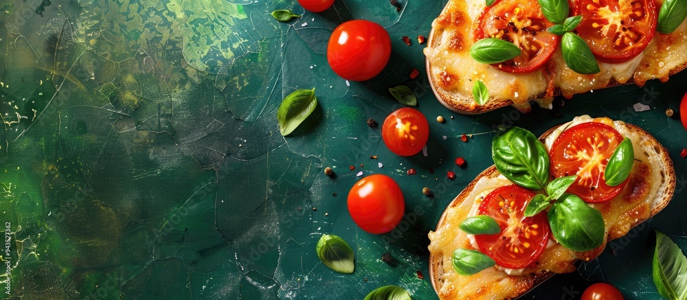 Aufkleber Top down view of cheesy toast with tomatoes and basil on a green backdrop with room for text in the image. Creative banner. Copyspace image