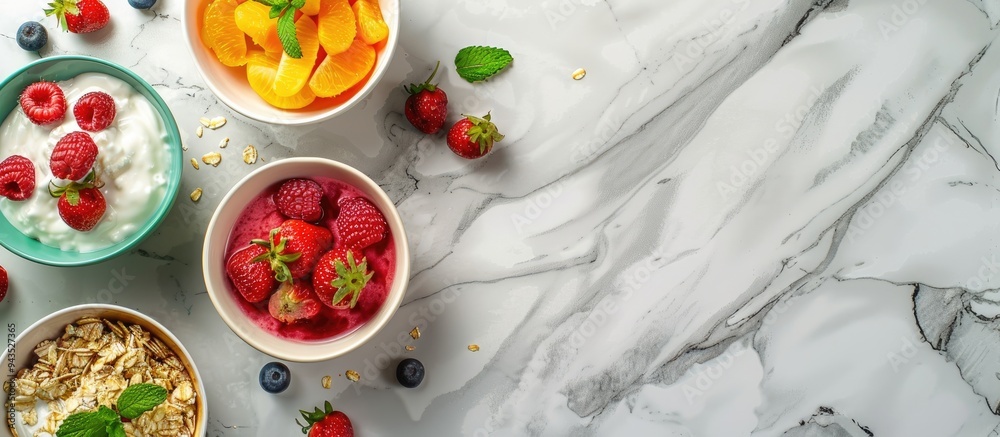 Aufkleber flat lay with breakfast bowls of fresh fruits yogurt porridge and whole strawberries on a marble tab