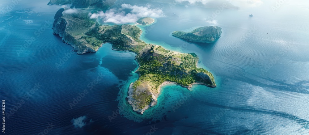 Aufkleber summer islands and a blue ocean stretch out in an aerial view creating a serene seascape with ample 