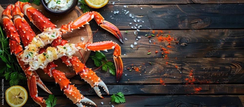 Poster Rustic top view image showcasing a natural fresh appetizer with a crab stick cream cheese and herb stuffing set on a table with empty copy space