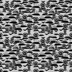 Obraz premium Spooky Black and White Halloween Seamless pattern vector illustration Coffins, Bats, and Gravestones on Gray Background for Festive Seasonal Designs great for Halloween decor, textile, scrapbook