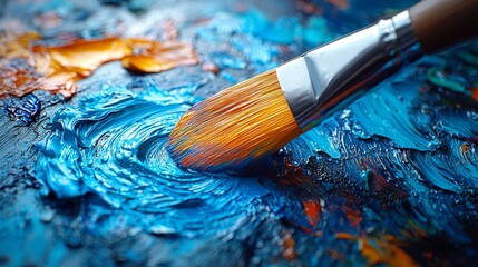 Obraz premium Closeup of Paintbrush on Palette with Blue and Orange Oil Paints