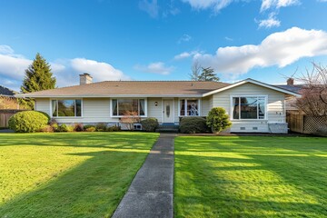 Cream Colored Single-Story House with White Trim, Front and Backyard, Concrete Driveway, Green Lawn, Trees, Trampoline, and Blue Sky in Bellingham, Washington