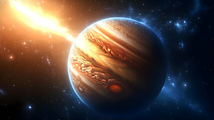 A close-up of Jupiter in space with a bright star in the background.