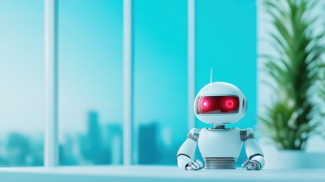 A modern office space with sleek robots assisting human workers, automating repetitive tasks like data entry and document processing.