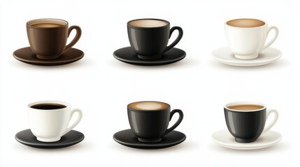 A set of espresso cups with saucers, coffee collection, realistic style, elegant and simple, isolated on white background