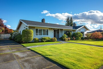 Fototapeta premium Cream Colored Single-Story House with White Trim, Front and Backyard, Concrete Driveway, Green Lawn, Trees, Trampoline, and Blue Sky in Bellingham, Washington