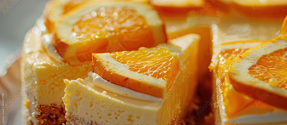 Poster detailed closeup image of a sliced orange dessert with ripe orange fruit garnish with copy space ima