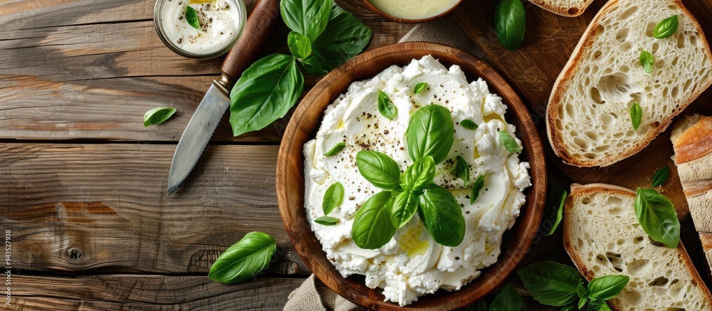 Aufkleber Top down view of a wooden table set with fresh ricotta basil bread and a knife The arrangement allows for adding text within the copy space image