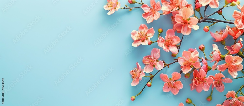 Poster floral spring blooms set against a serene blue backdrop with space for adding images. creative banne