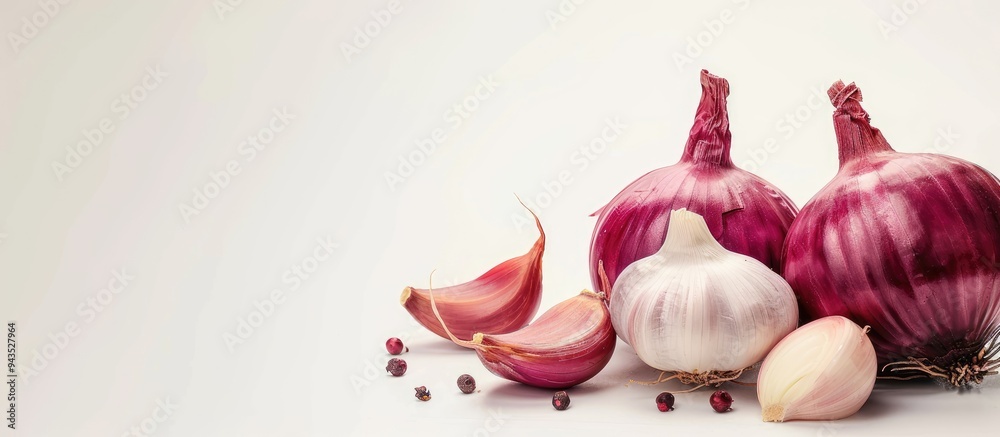 Poster isolated on a white backdrop garlic allium sativum and red onion allium cepa l are present in the im