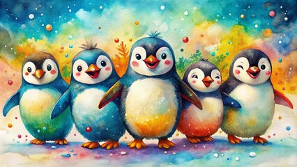 Fototapeta premium Whimsical illustration, playful penguins on paper, bright colors, hand-painted textures, joyful nostalgia, childlike wonder