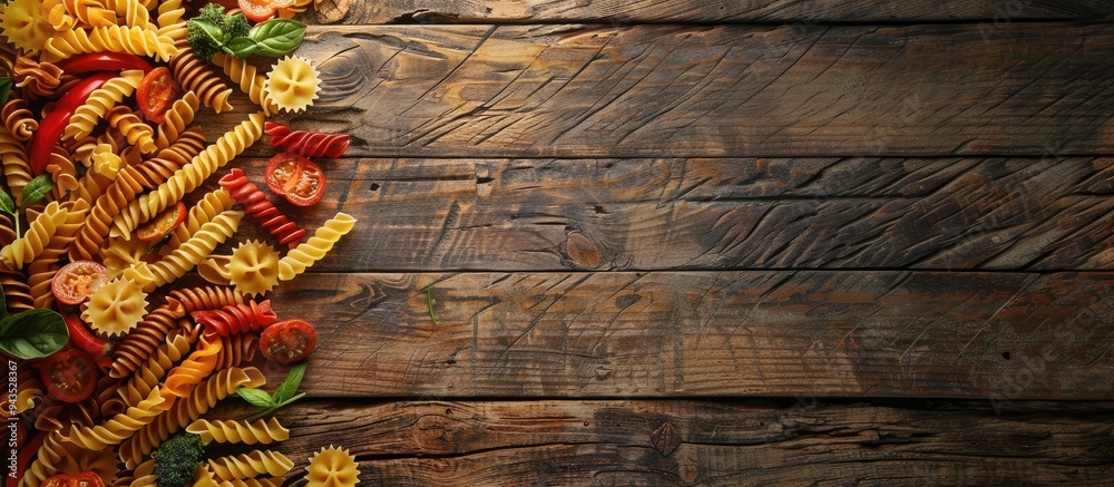 Poster Top view of various pasta types with vegetables on a rustic wooden surface providing free copy space image
