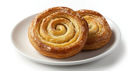 Fototapeta premium An isolated image of a golden-brown palmier on a white plate, with a seamless white background that accentuates the pastryaes crisp edges and sugar crystals