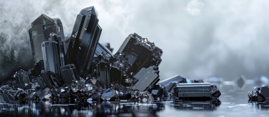 Copy space image of black tourmaline crystals gems in a natural mineral setting showcasing the textures of precious and semiprecious stones on a seamless shiny surface