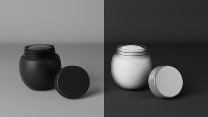 Mockup of black and white cosmetic jars, 3d rendering