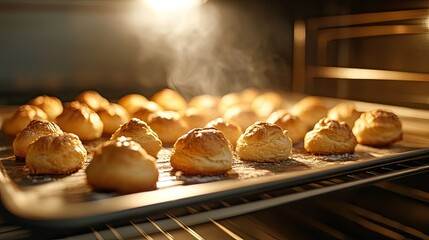 An oven door slightly ajar, revealing a tray of profiteroles rising to a golden perfection, capturing the essence of homemade baking at its finest
