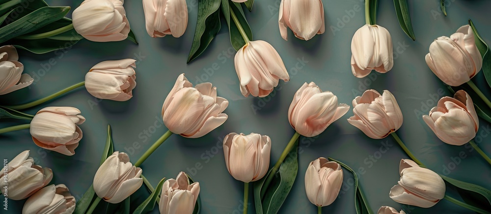 Poster vintage style top view of numerous pale pink tulips with a copy space image